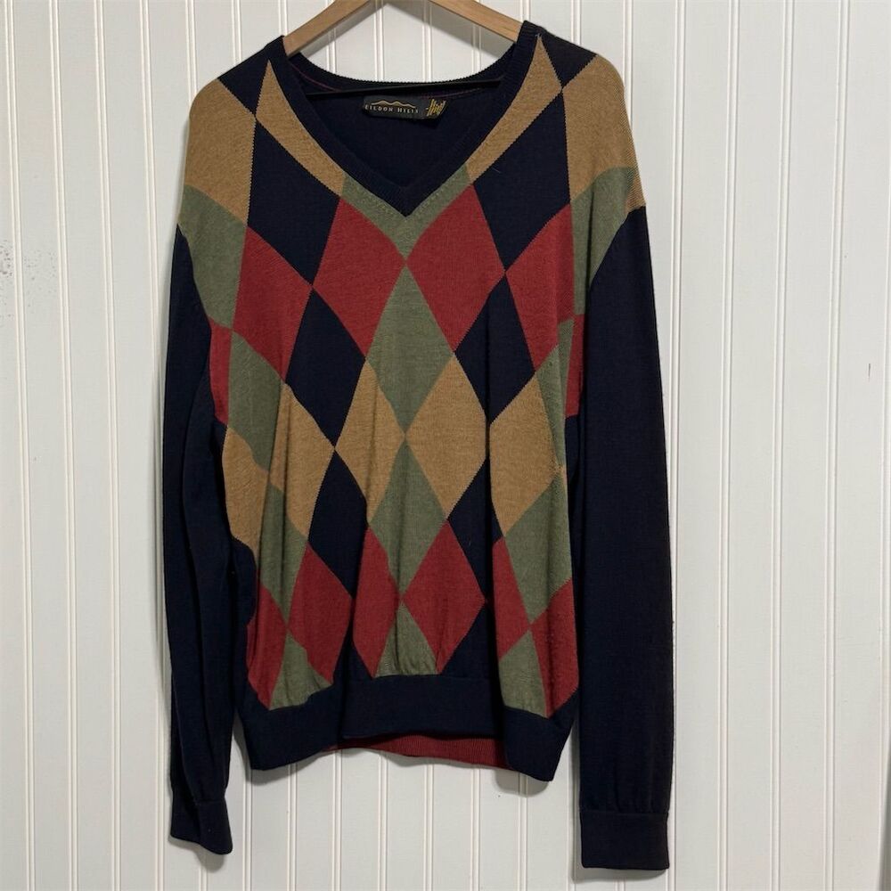 EILDON HILLS L 100% EXTRAFINE MERINO WOOL Argyle Sweater‎ Preppy Academia V-Neck